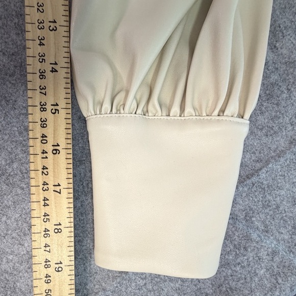 Faux Leather Long Sleeve Button Down Shirt Cream Puff Sleeve Size M - Picture 5 of 11